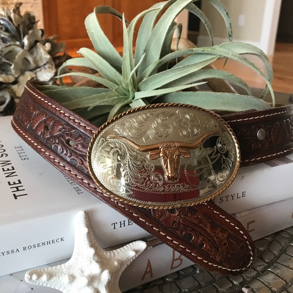 Hand Crafted Accessories - WESTERN LEATHER BELT GERMAN SILVER BUCKLE